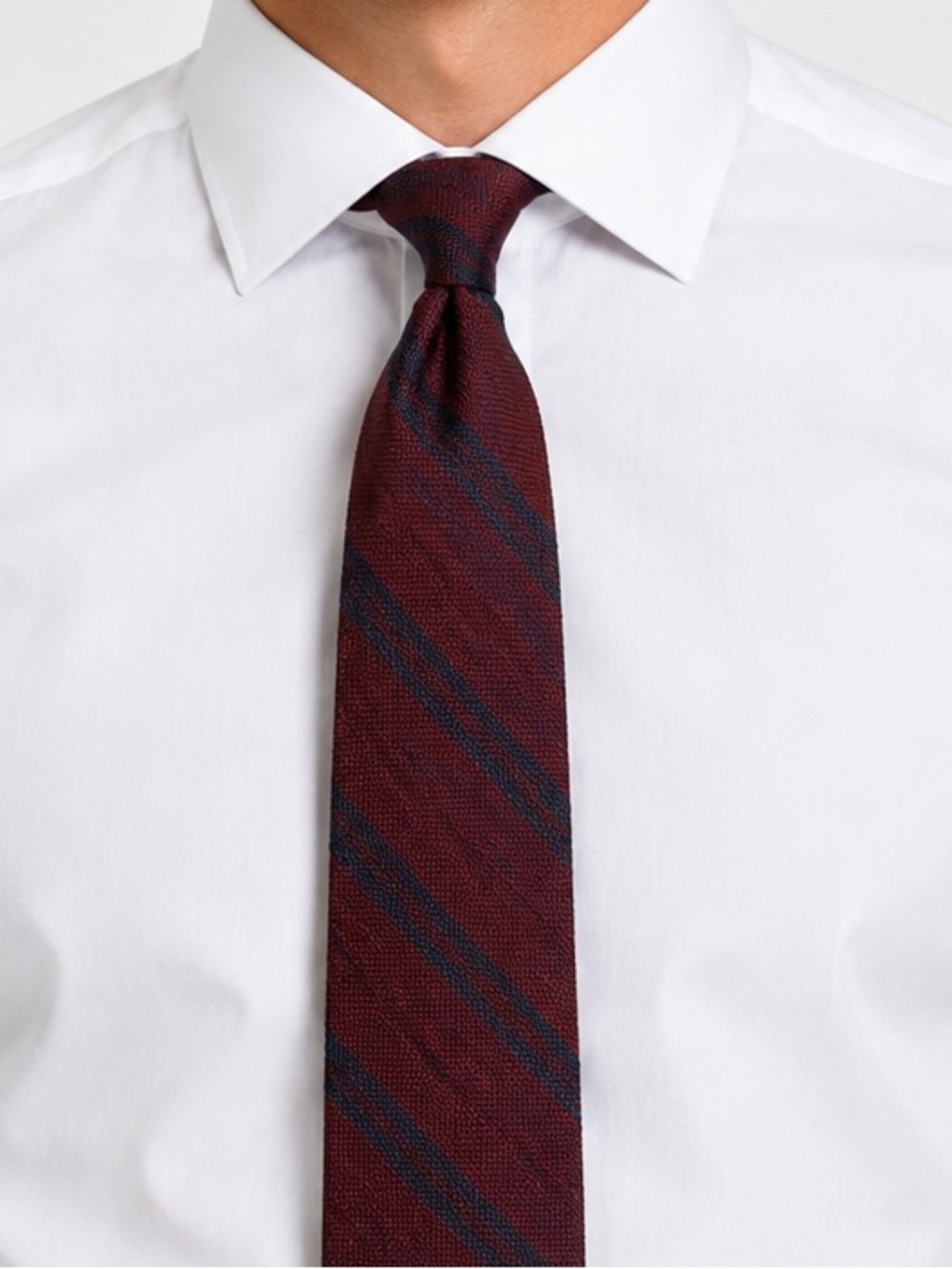 Kiton Burgundy Silk Tie with Slate Blue Stripes